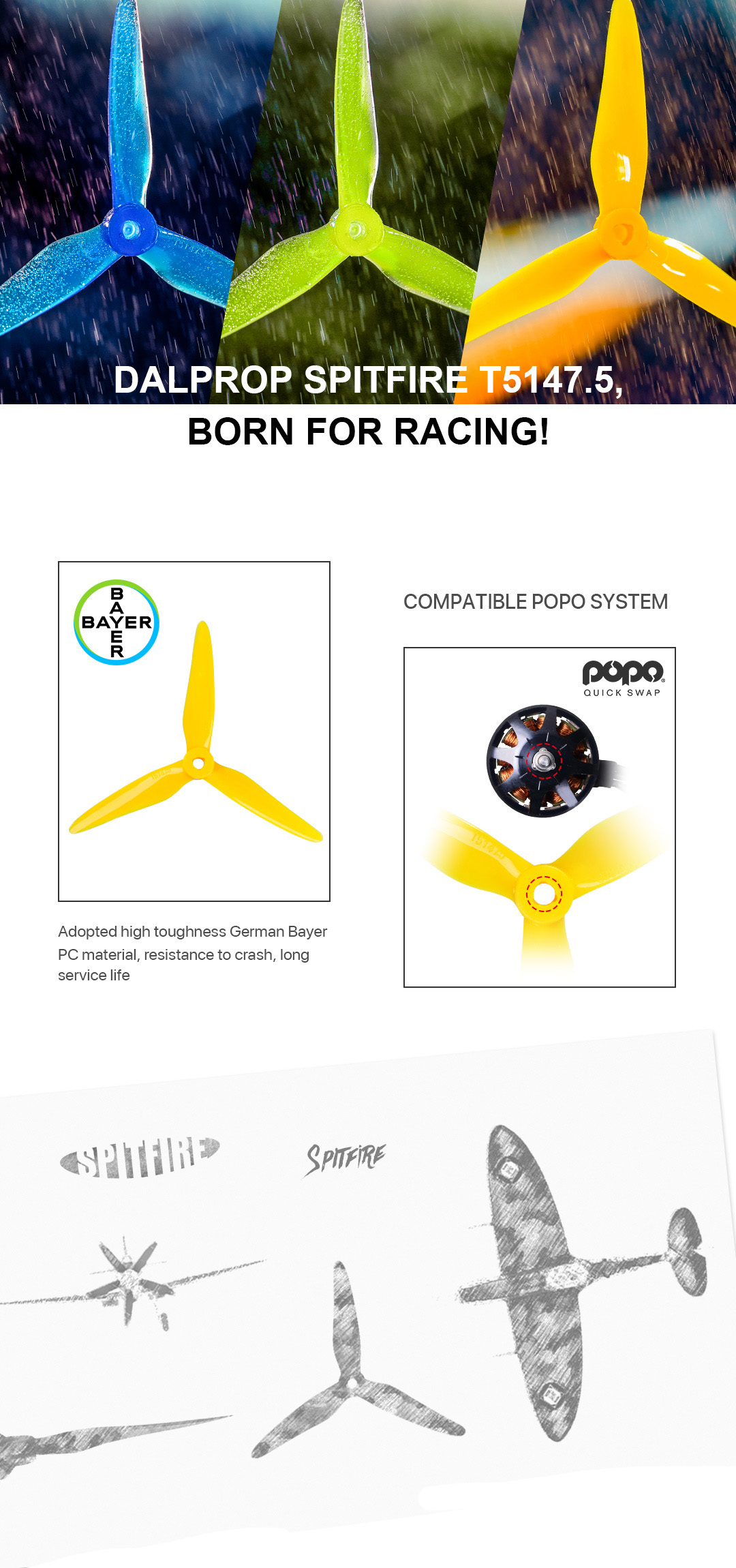 Hélices Dalprop Spitfire T5147.5 No Prop Wash pour drone racer